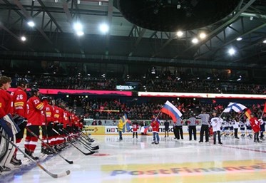 ZUG, SWITZERLAND - APRIL 17: Opening ceremonies prior to Finland vs Switzerland preliminary round action at the 2015 IIHF Ice Hockey U18 World Championship. (Photo by Francois Laplante/HHOF-IIHF Images)